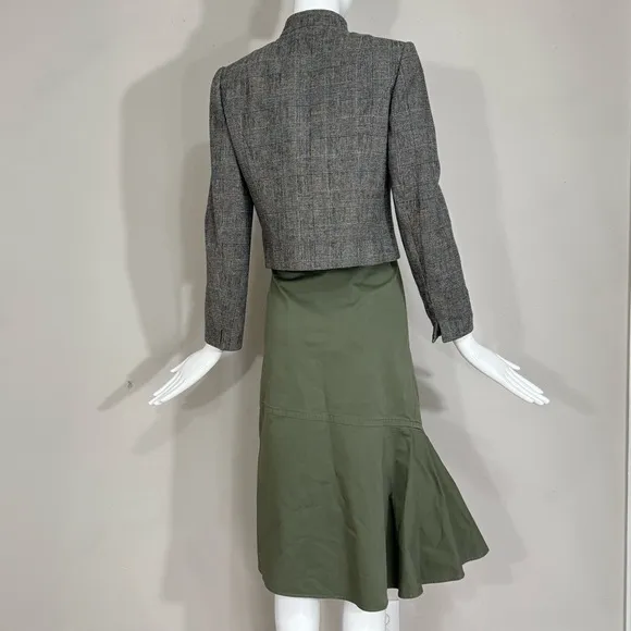 Theory Reconstructed Midi Denim Skirt Ruffle Trim High Waisted Cotton Green Sz 8
