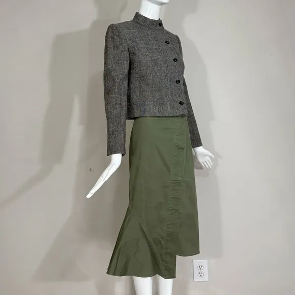 Theory Reconstructed Midi Denim Skirt Ruffle Trim High Waisted Cotton Green Sz 8