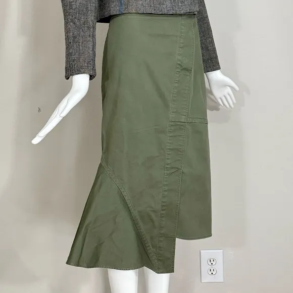 Theory Reconstructed Midi Denim Skirt Ruffle Trim High Waisted Cotton Green Sz 8
