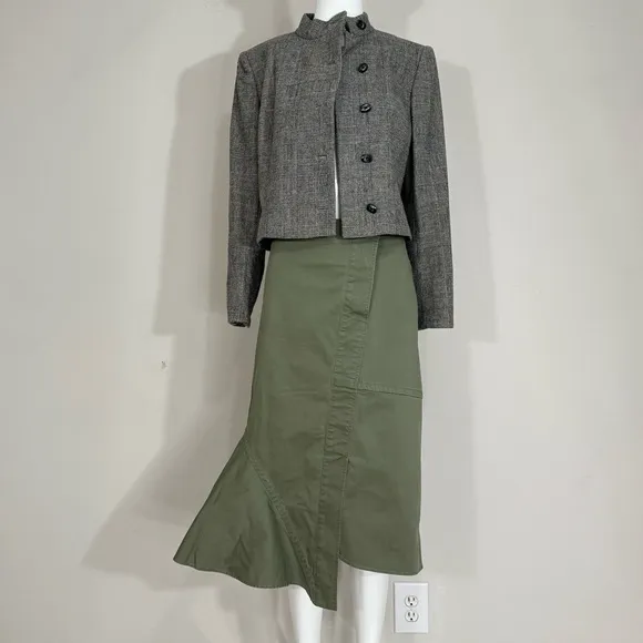 Theory Reconstructed Midi Denim Skirt Ruffle Trim High Waisted Cotton Green Sz 8