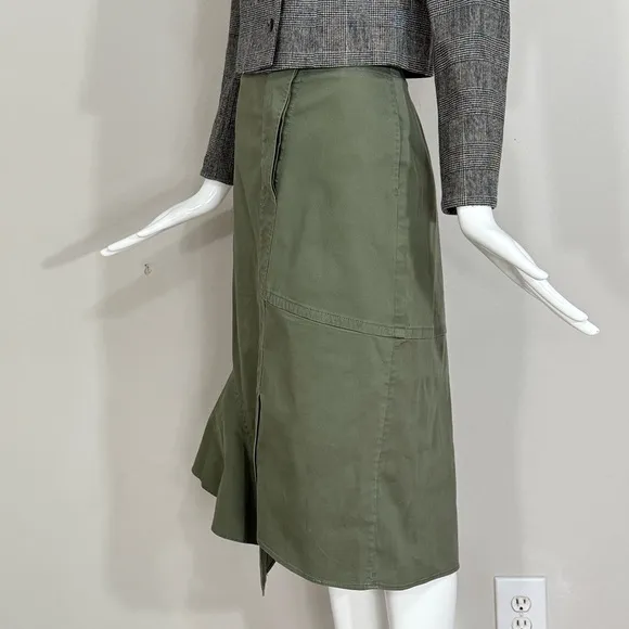 Theory Reconstructed Midi Denim Skirt Ruffle Trim High Waisted Cotton Green Sz 8