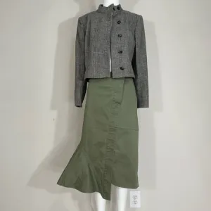 Theory Reconstructed Midi Denim Skirt Ruffle Trim High Waisted Cotton Green Sz 8