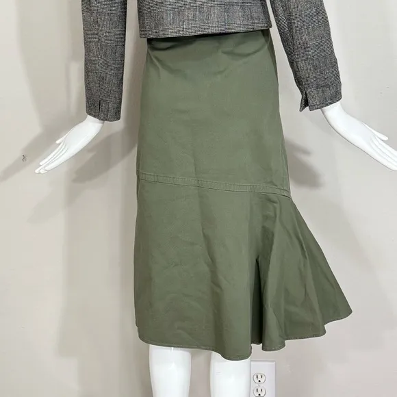 Theory Reconstructed Midi Denim Skirt Ruffle Trim High Waisted Cotton Green Sz 8