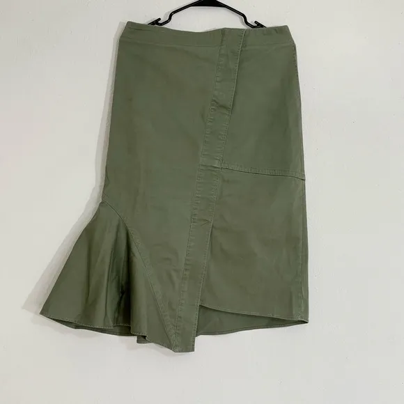 Theory Reconstructed Midi Denim Skirt Ruffle Trim High Waisted Cotton Green Sz 8