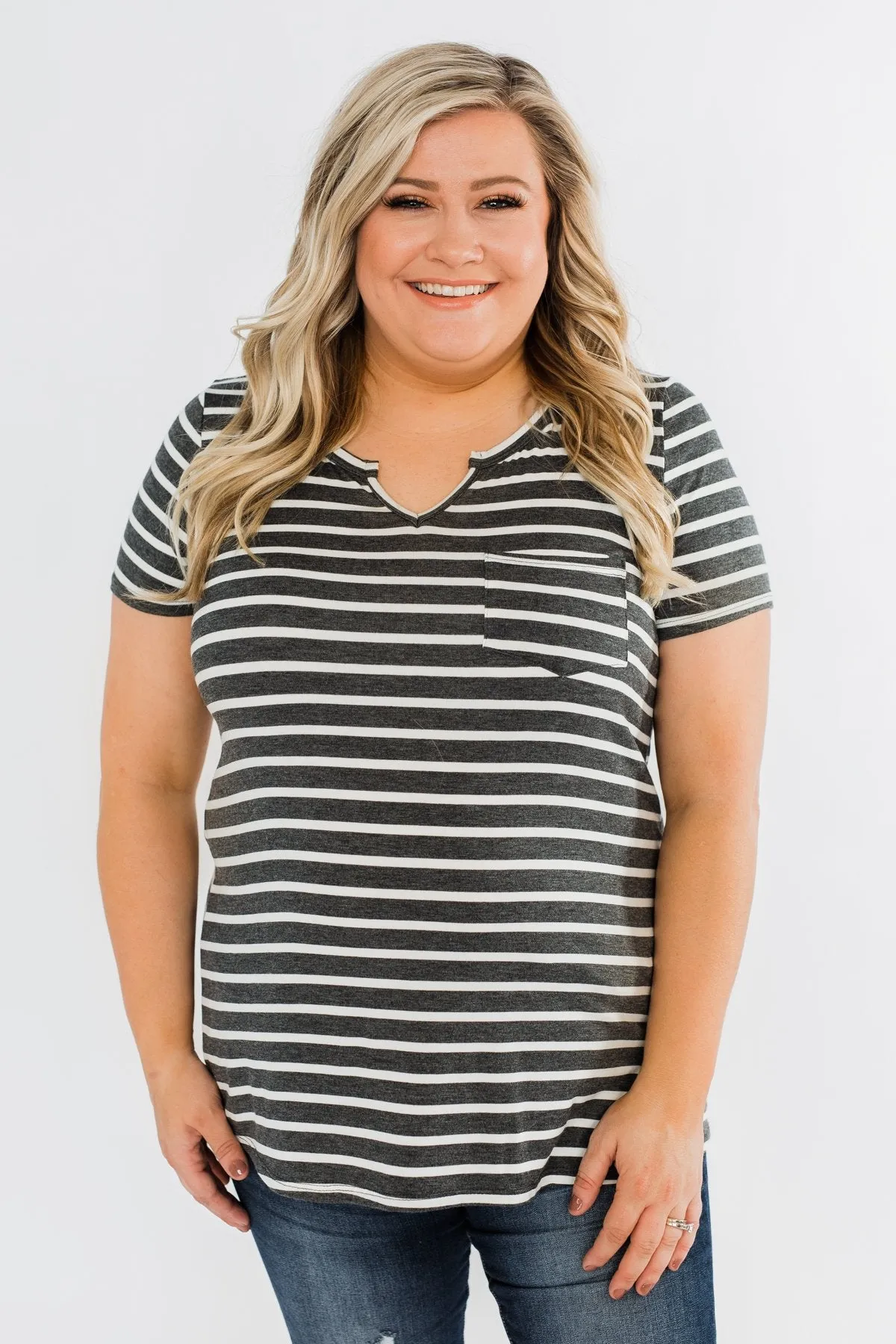 This is Me Striped Notch Pocket Top- Charcoal & Ivory