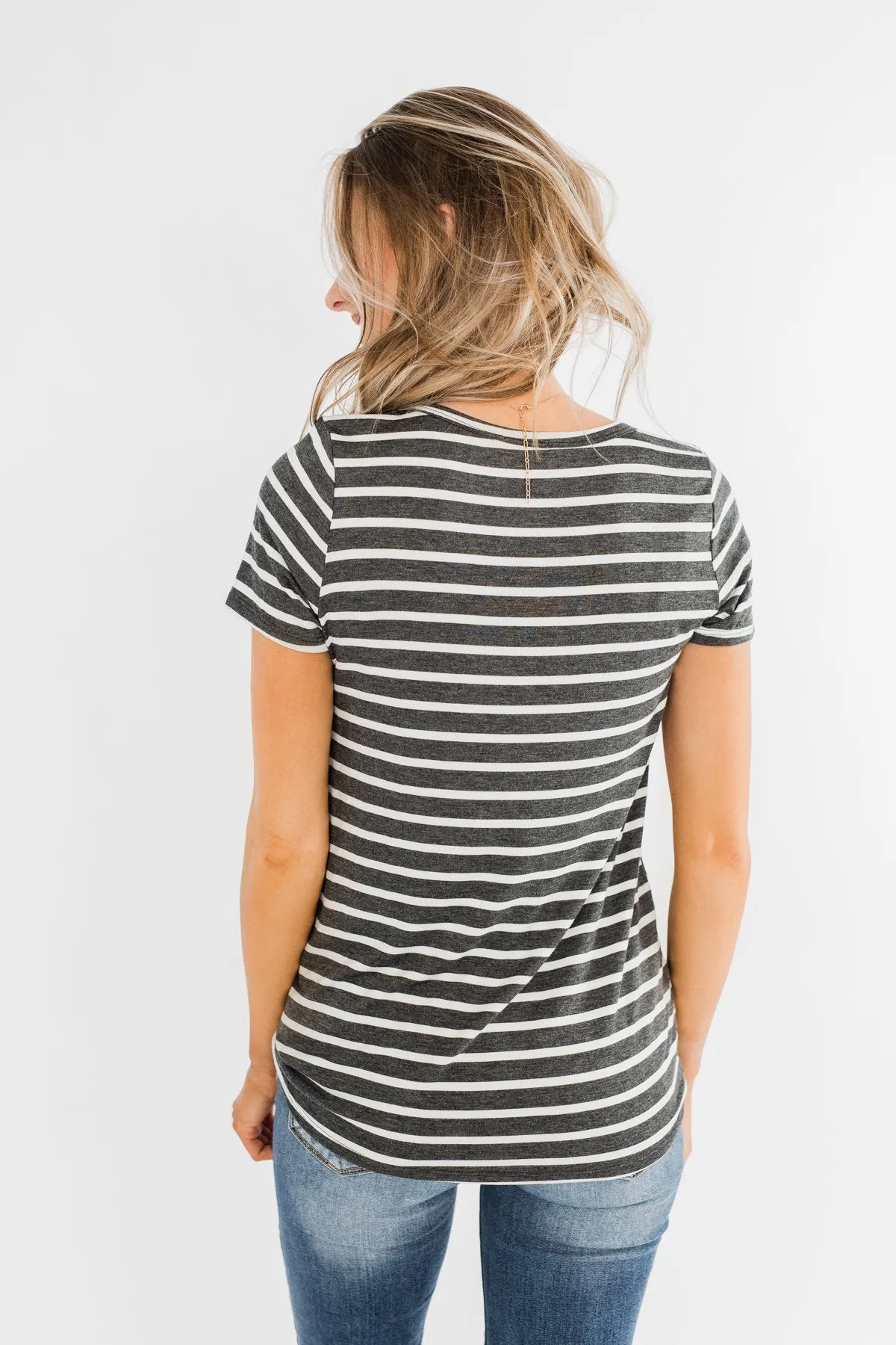 This is Me Striped Notch Pocket Top- Charcoal & Ivory