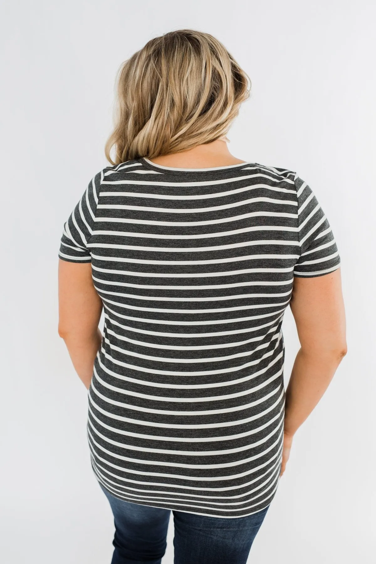 This is Me Striped Notch Pocket Top- Charcoal & Ivory