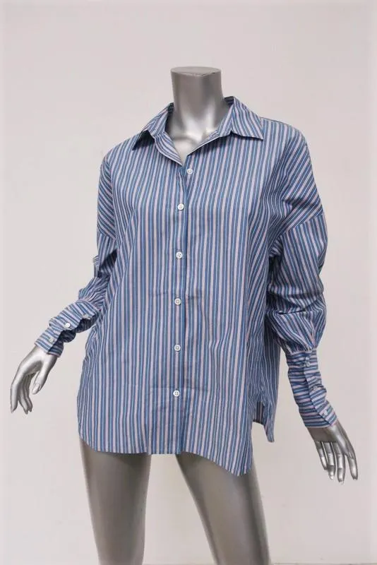 Tibi Garcon Striped Shirt Blue Poplin Size Extra Small Long Sleeve Top
