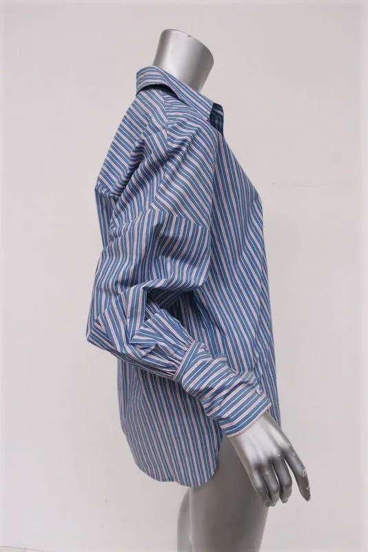 Tibi Garcon Striped Shirt Blue Poplin Size Extra Small Long Sleeve Top