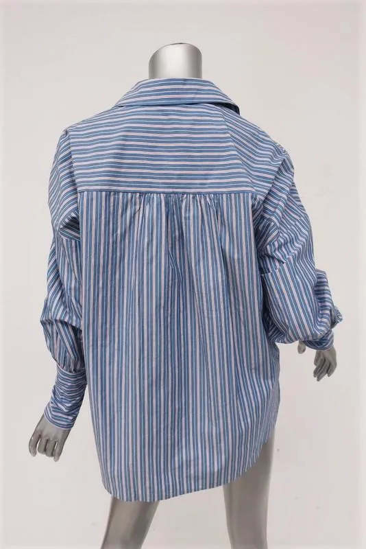 Tibi Garcon Striped Shirt Blue Poplin Size Extra Small Long Sleeve Top