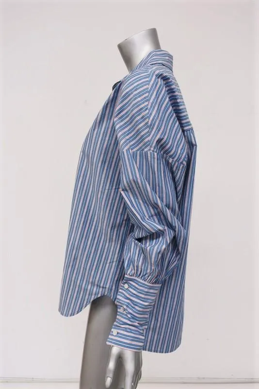 Tibi Garcon Striped Shirt Blue Poplin Size Extra Small Long Sleeve Top