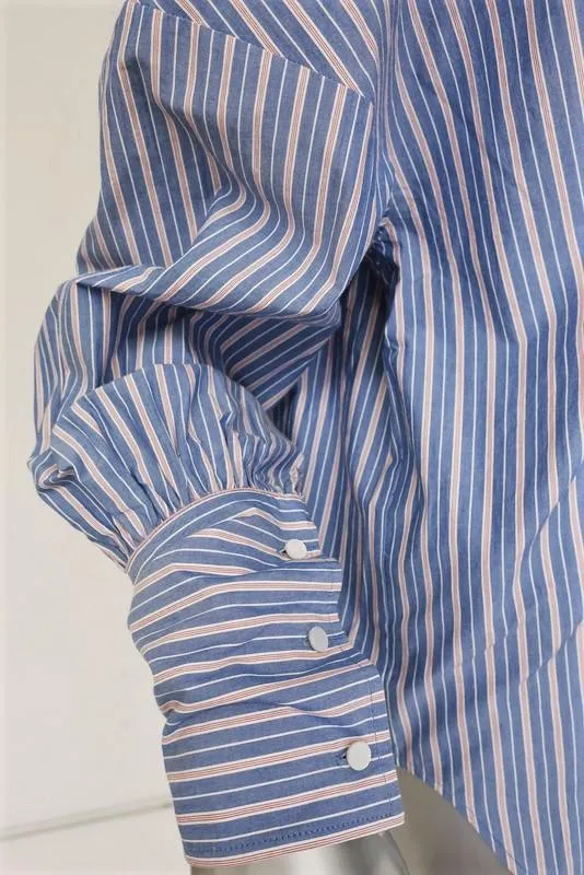Tibi Garcon Striped Shirt Blue Poplin Size Extra Small Long Sleeve Top