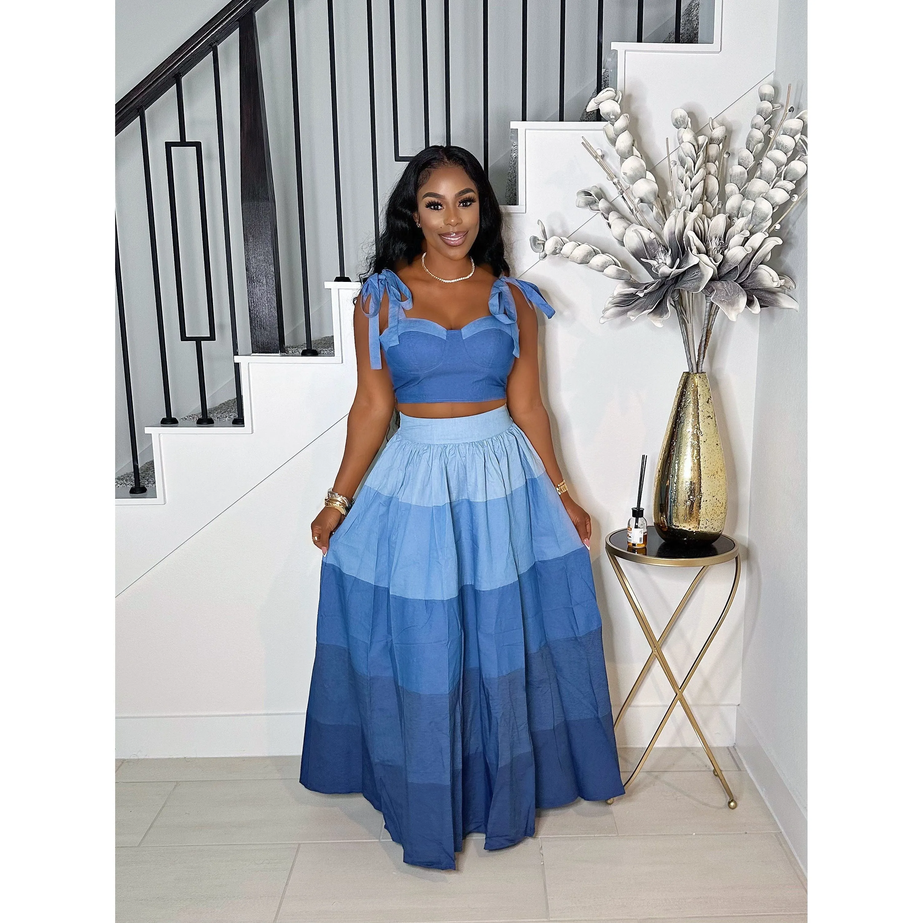 TIE ME UP DENIM MAXI SKIRT SET