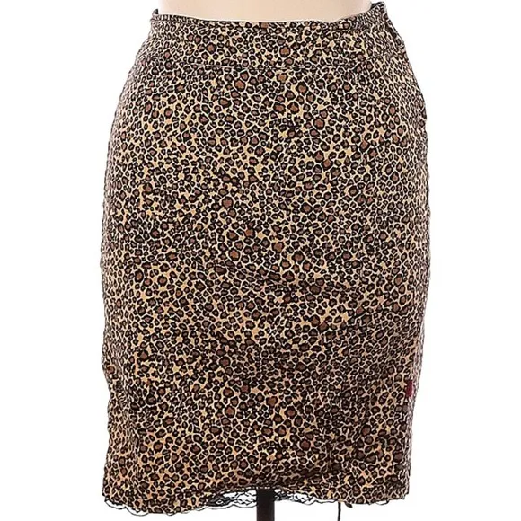 Tripp NYC leopard print Jean Skirt Denim Lace Up Lace Edging Vintage Size 16