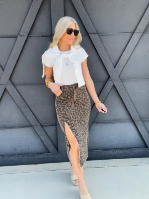Twill Midi Length Leopard Skirt In Mocha
