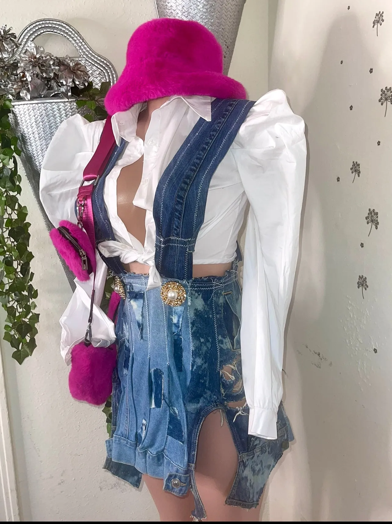 Upcycled Denim Pleaded Skirt with Suspenders