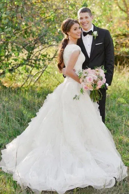 V-neck Ruffles Tiered Skirt A-line Lace Organza Wedding Dress with Cap Sleeves