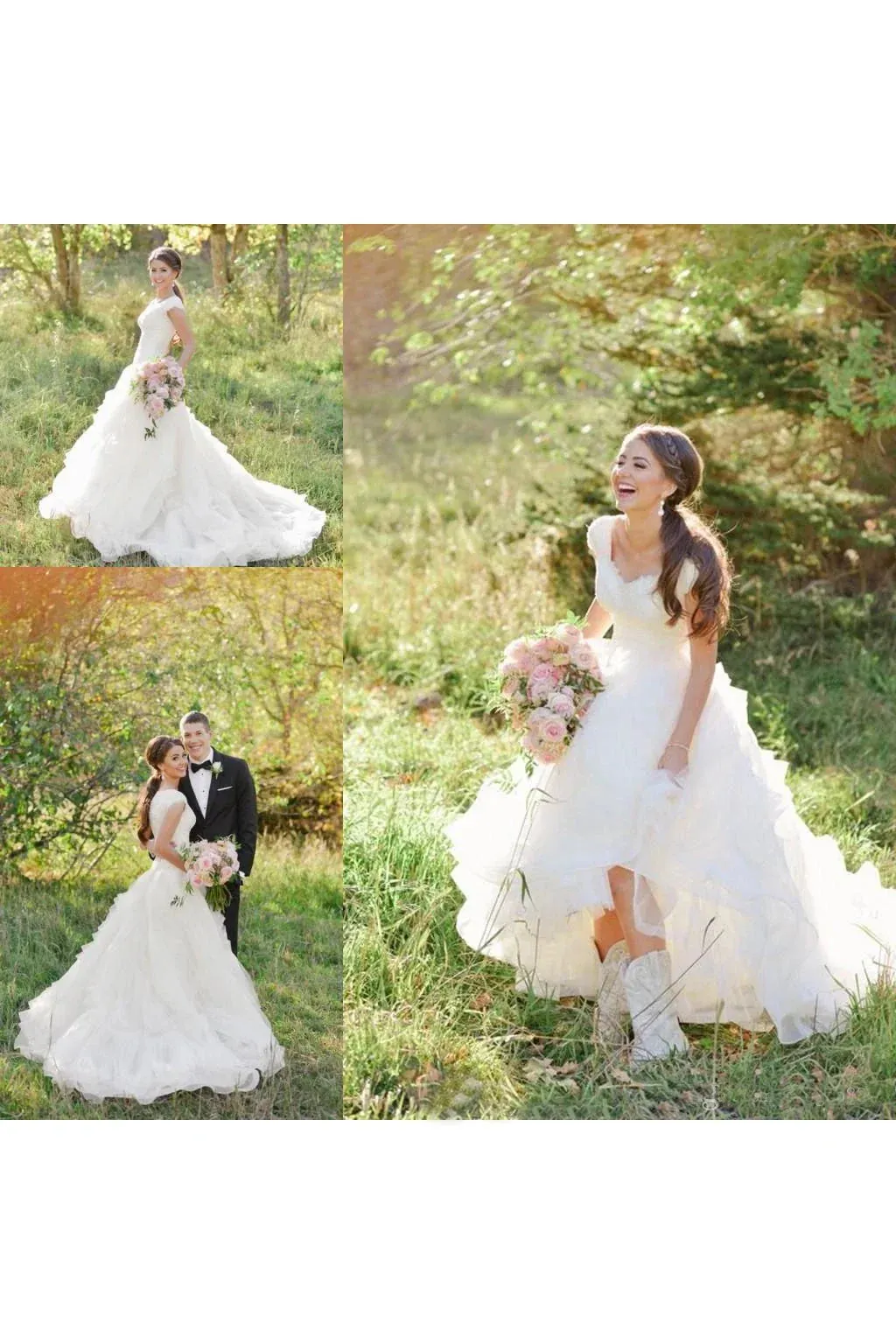 V-neck Ruffles Tiered Skirt A-line Lace Organza Wedding Dress with Cap Sleeves