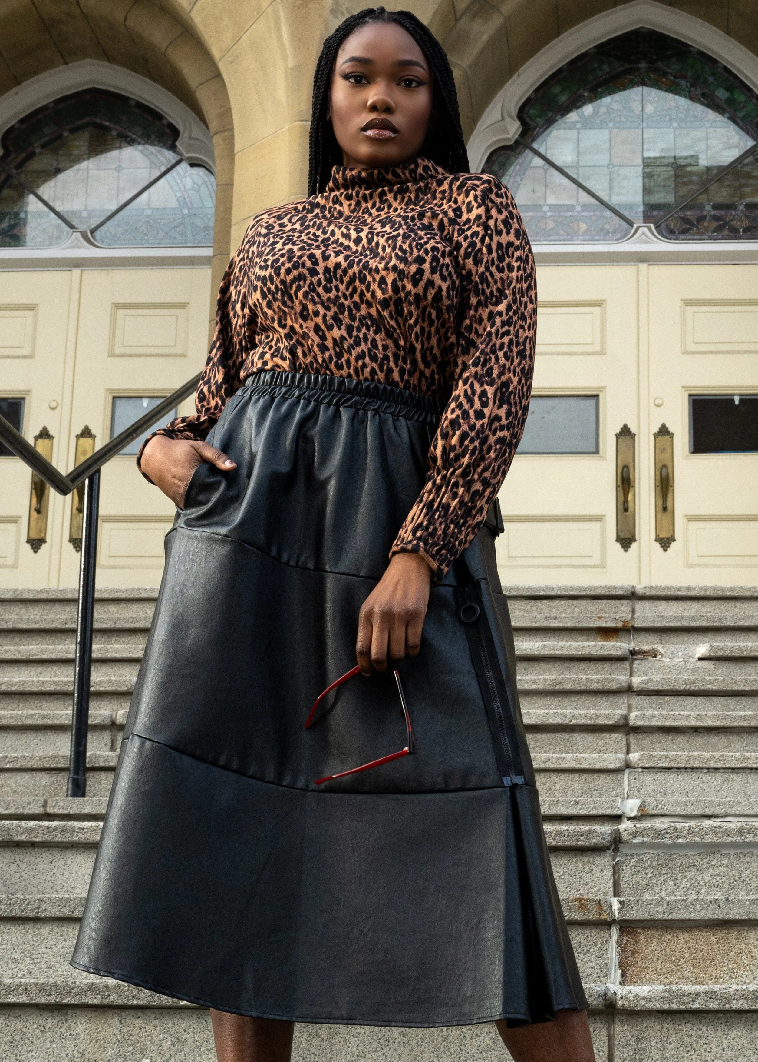 Vegan Leather A-Line Zip Skirt