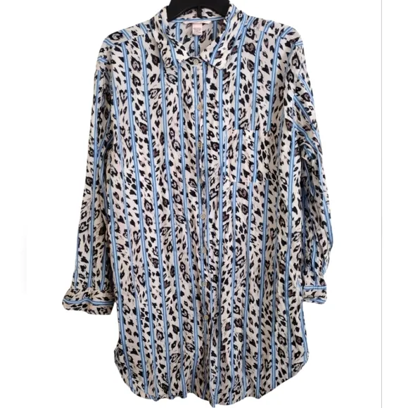 Victoria's Secret Striped Leopard Print Button-Up Night Shirt Size Large