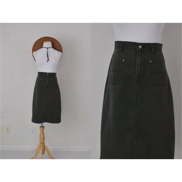 Vintage 80s Green All Cotton high waisted skirt size 10P | 33 waist