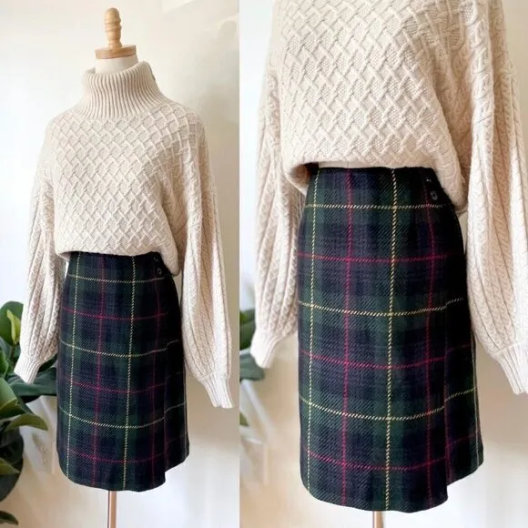 Vintage 90s Talbots Wool Plaid Tartan Wrap Skirt Sz. M Dark Academia Preppy