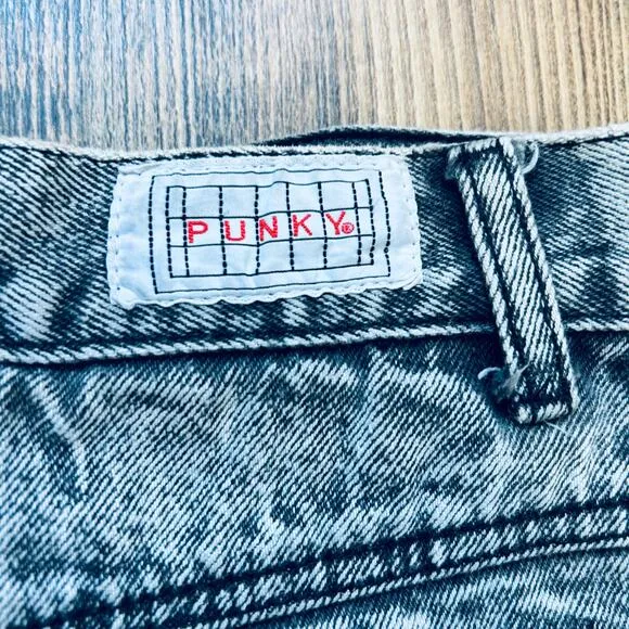 Vintage Acid Wash Denim Jean Skirt Faded Black 1990s Grunge High Wasited
