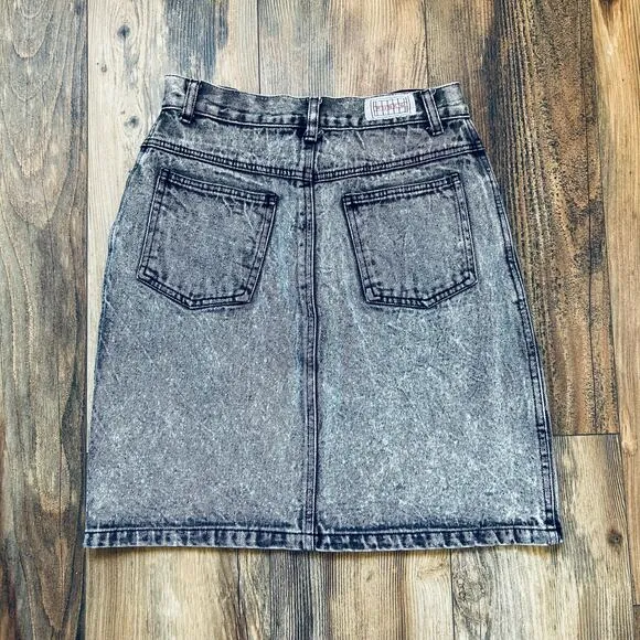 Vintage Acid Wash Denim Jean Skirt Faded Black 1990s Grunge High Wasited