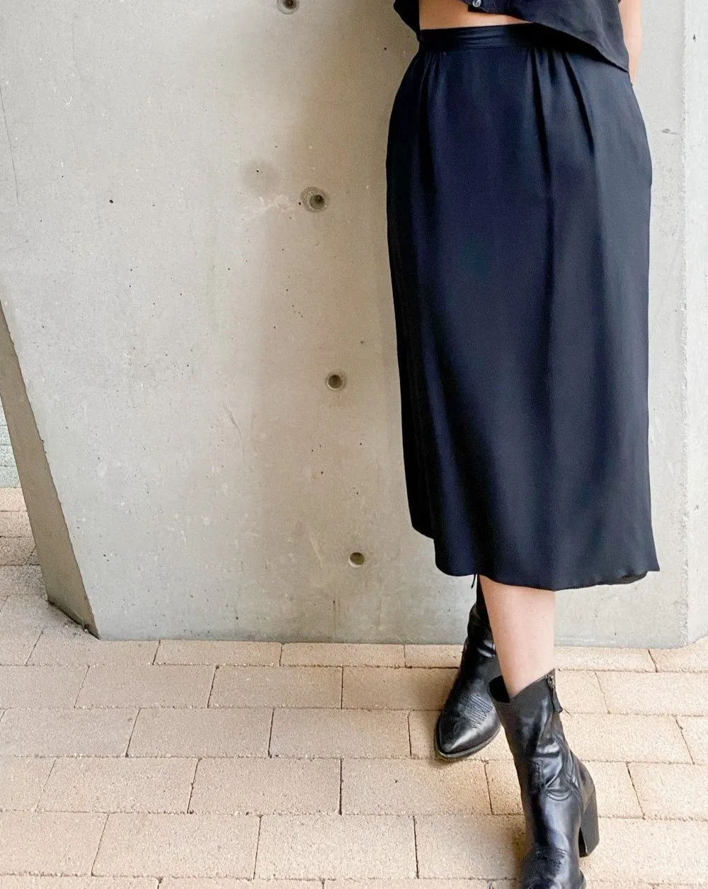 Vintage Black Silk Midi Skirt
