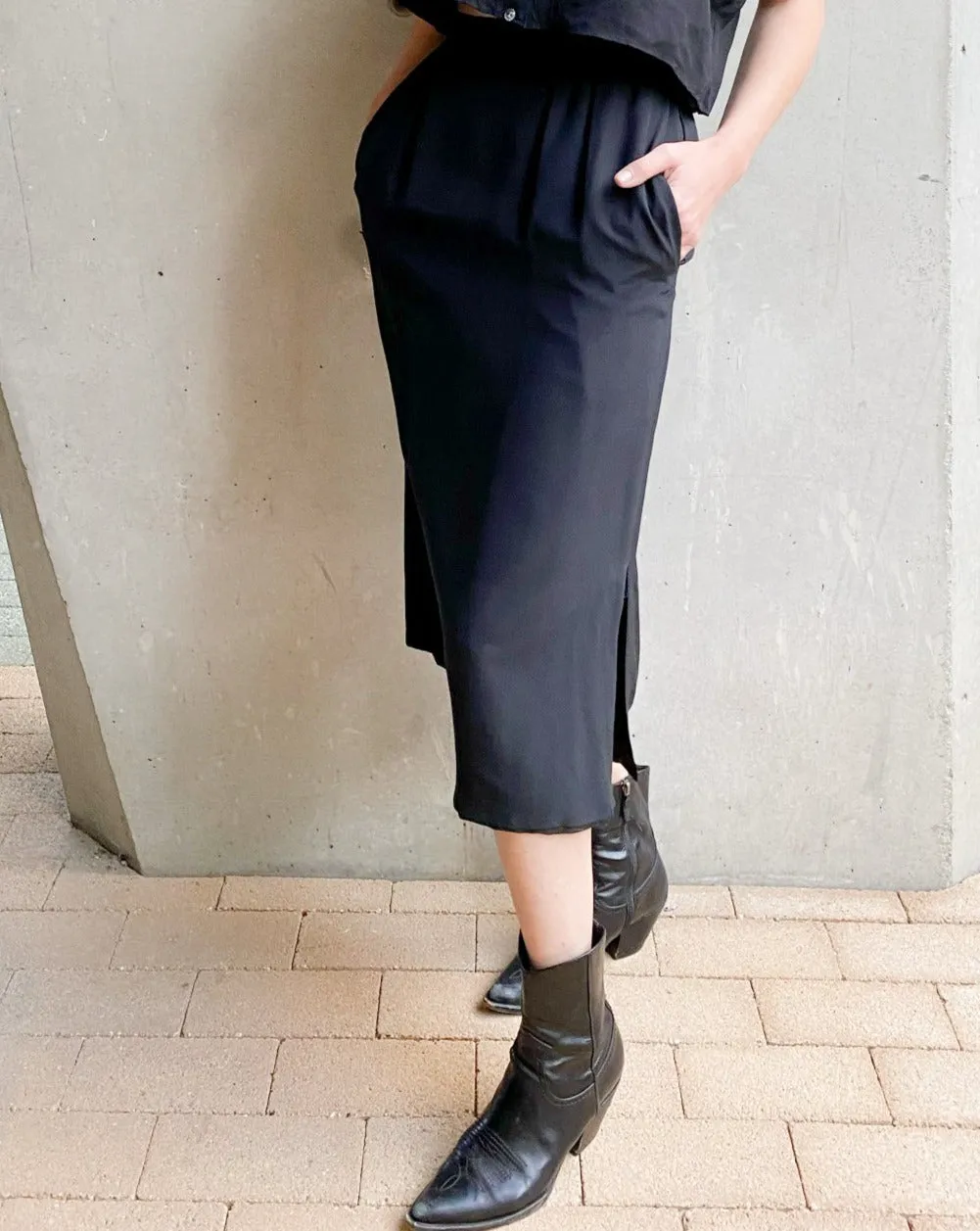 Vintage Black Silk Midi Skirt