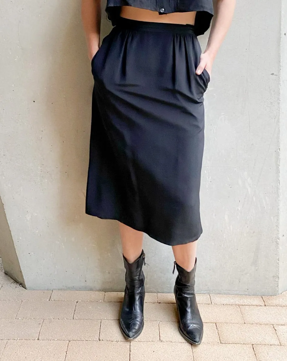 Vintage Black Silk Midi Skirt