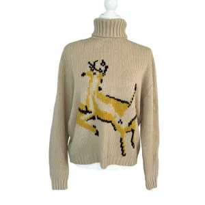 Vintage Macrae Deer Chunky Knit Tan Turtleneck Sweater Cabincore Cozy Rare Large