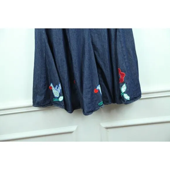Vintage Medium Denim Midi Skirt Flare Twirly Floral Bird Applique Western Boho