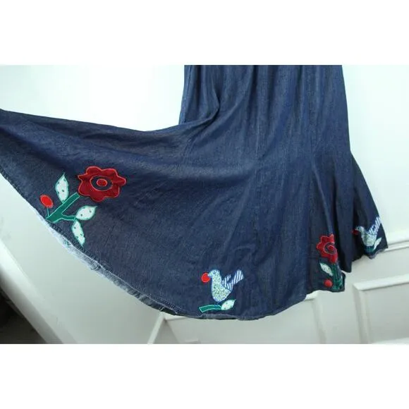 Vintage Medium Denim Midi Skirt Flare Twirly Floral Bird Applique Western Boho
