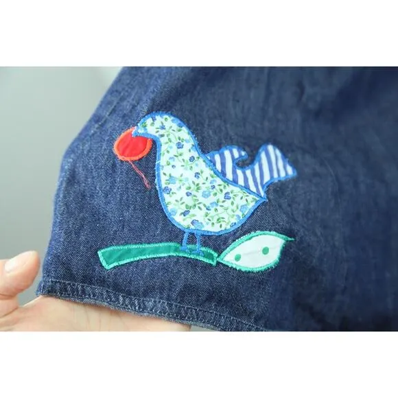 Vintage Medium Denim Midi Skirt Flare Twirly Floral Bird Applique Western Boho