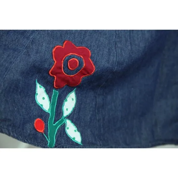 Vintage Medium Denim Midi Skirt Flare Twirly Floral Bird Applique Western Boho