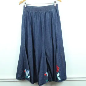 Vintage Medium Denim Midi Skirt Flare Twirly Floral Bird Applique Western Boho