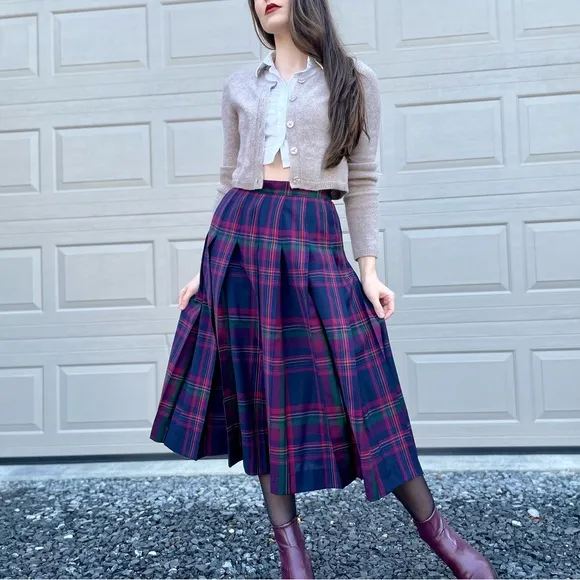 Vintage Pendleton Academia Preppy Librarian High Waist Pleated Plaid Midi Skirt