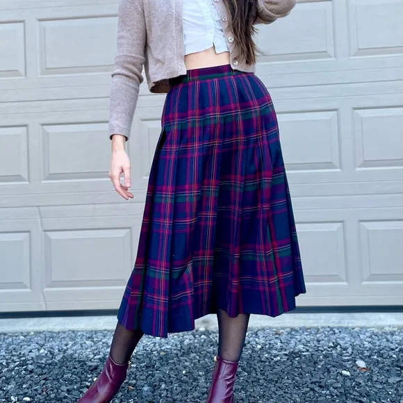 Vintage Pendleton Academia Preppy Librarian High Waist Pleated Plaid Midi Skirt
