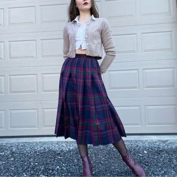 Vintage Pendleton Academia Preppy Librarian High Waist Pleated Plaid Midi Skirt