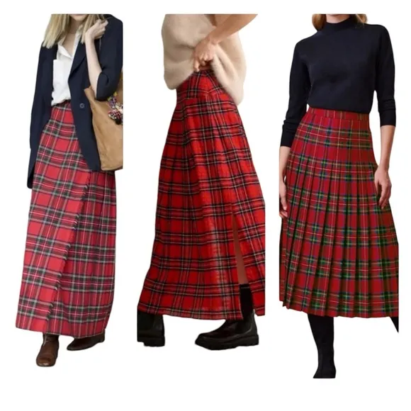 Vintage Red Plaid Tartan Style Print Maxi Skirt