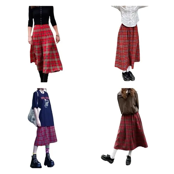 Vintage Red Plaid Tartan Style Print Maxi Skirt