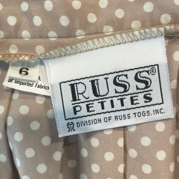 Vintage Russ skirt petite high waist pleats polkadot tan white womens size 6 USA