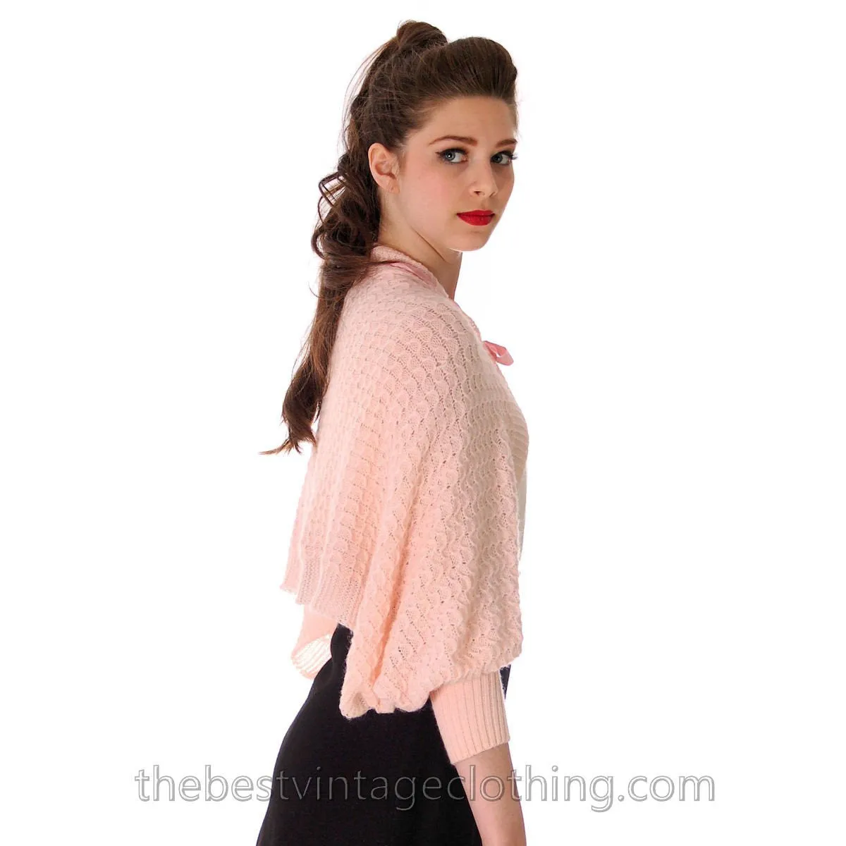 Vintage Sweater Baby Pink Hand Knitted Shrug With Sleeves Unique 1950s One Size Regular