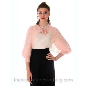 Vintage Sweater Baby Pink Hand Knitted Shrug With Sleeves Unique 1950s One Size Regular