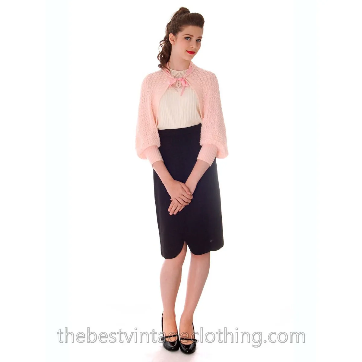 Vintage Sweater Baby Pink Hand Knitted Shrug With Sleeves Unique 1950s One Size Regular