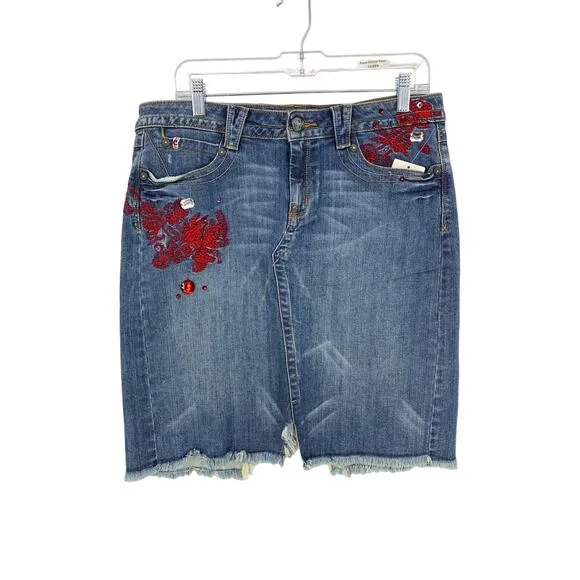 Vintage Y2K Candies Denim Skirt Junior Sz 13 Embroidered Embellished