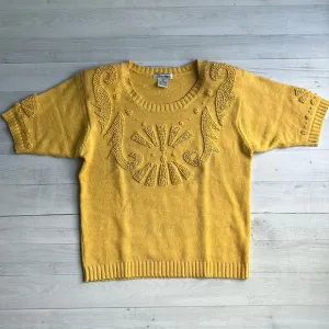 Vintage Yellow Embroidered Short Sleeve Knit Sweater Size M