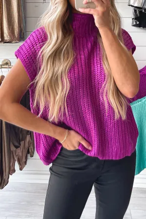 Violet Solid High Neck Luster Knit Sweater Vest