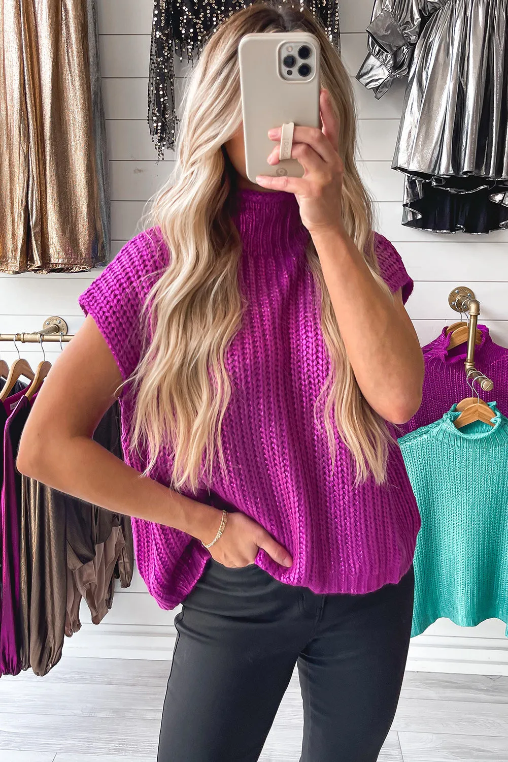Violet Solid High Neck Luster Knit Sweater Vest